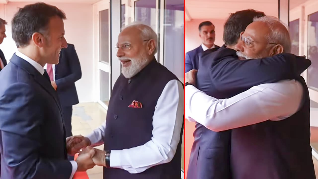French President Emmanuel Macron Greets PM Modi With A Warm Hug