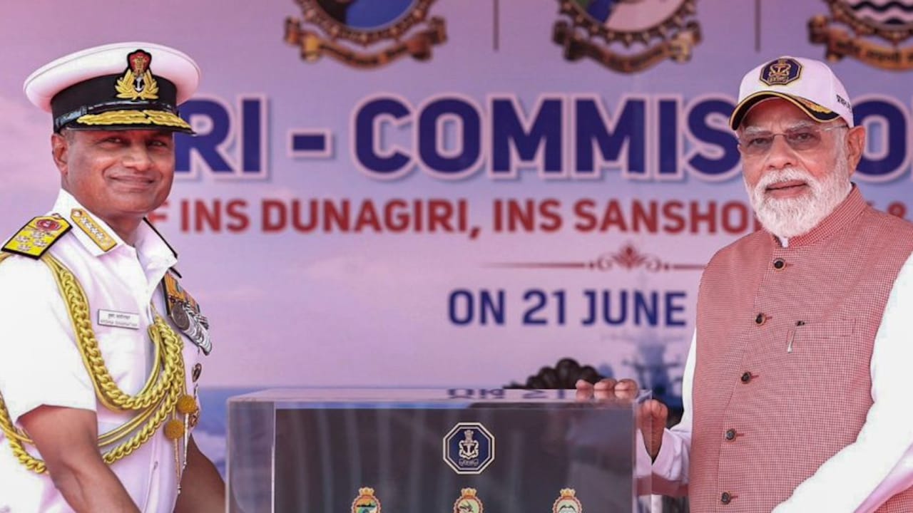 Prime Minister Narendra Modi during a ceremony to commission Indian Navy warships.