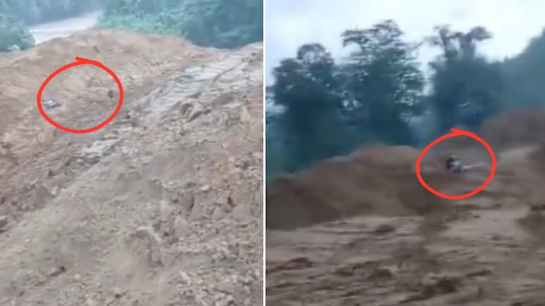 Viral Video: सड़क पार कर रहा था शख्स, तभी भरभराकर ढह गया पहाड़, रोंगटे खड़े कर देगा वीडियो