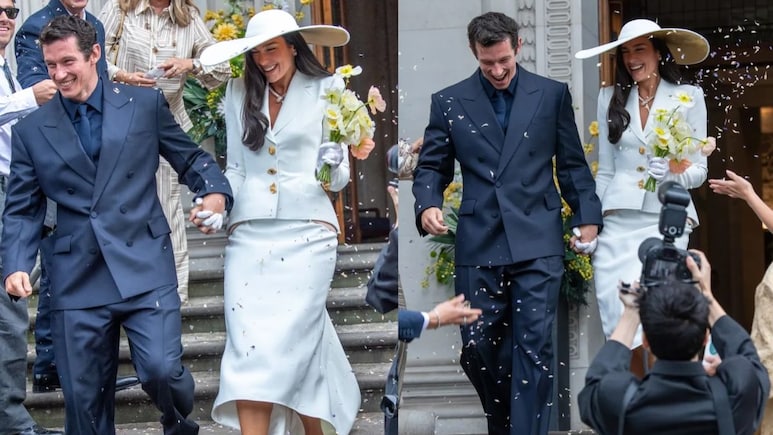 Dua Lipa Opts For Schiaparelli Skirt Suit And Bvlgari Necklace For London Wedding With Callum Turner