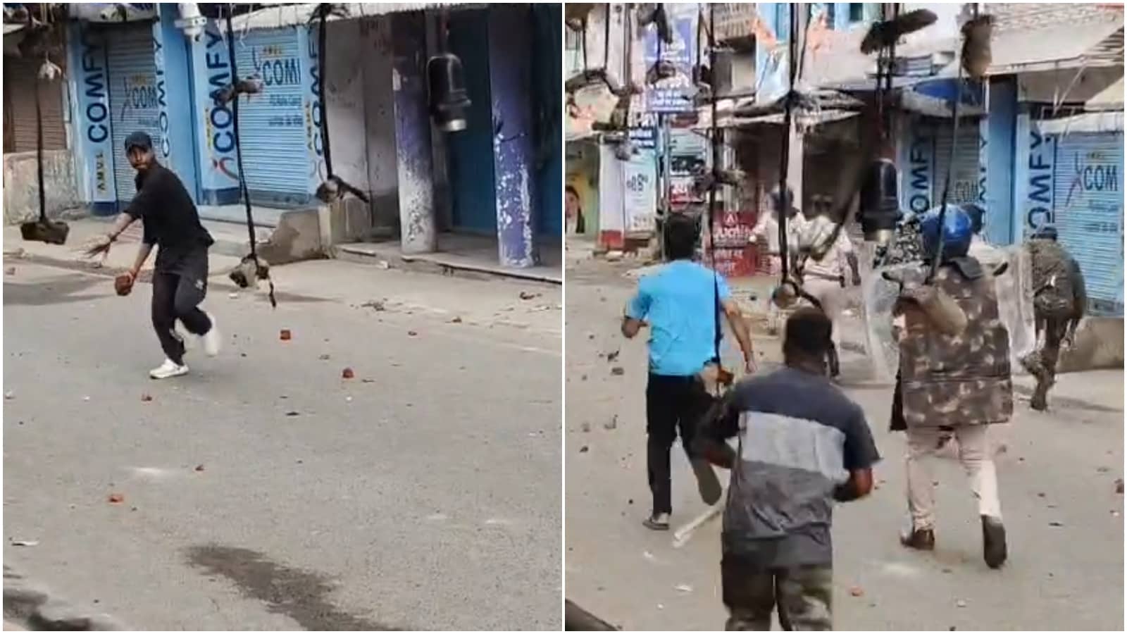 भीड़ में से आगे आकर पुलिस पर पथराव करता हुआ एक युवक और फिर पुलिस के एक्शन की तस्वीर.