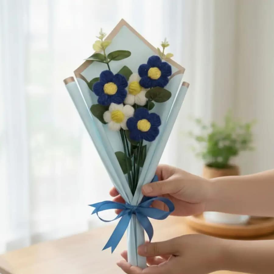 Click here to buy: BROVION ART Blue Handmade Crochet Daisy Bouquet Click here to buy: BROVION ART Blue Handmade Crochet Daisy Bouquet
