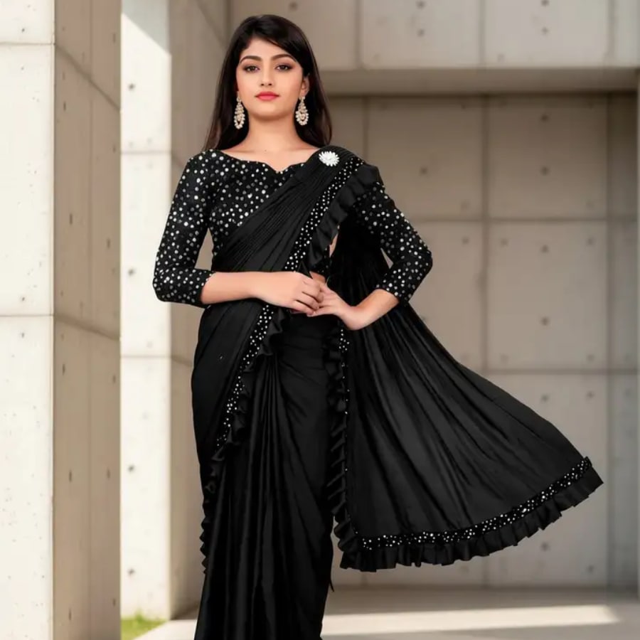 Click here to buy: Dream Clouds Embroidered Bollywood Lycra Blend Saree