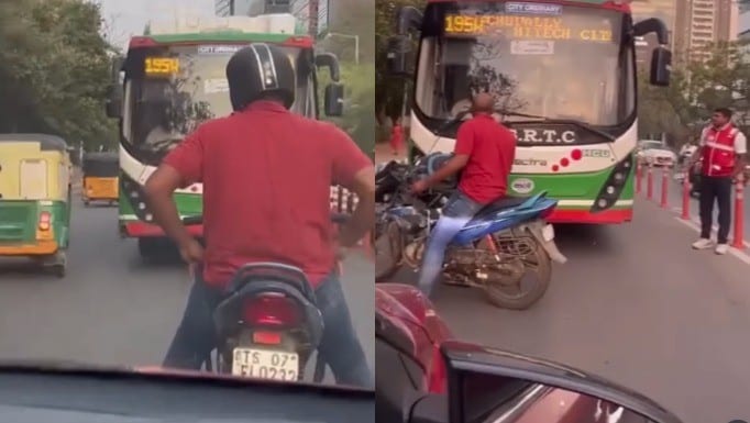 Hyderabad biker refuses to move, prompting wrong-way bus to reverse