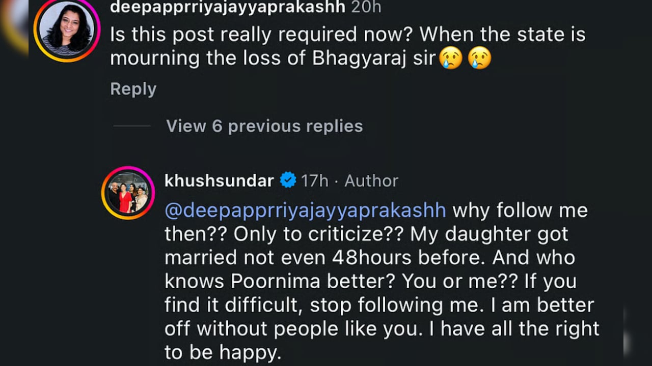 Khushbu Sundar Hits Back At Trolls Over Daughter’s Wedding Post After K Bhagyaraj’s Death: ‘Why Follow Me?’
