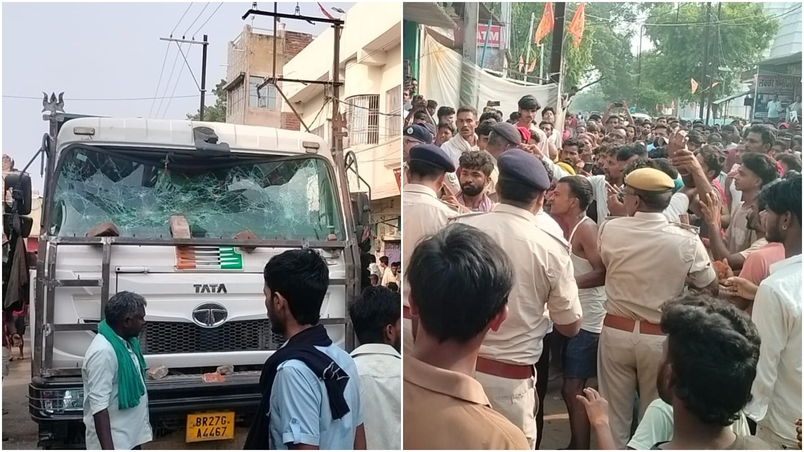 हाईवा में तोड़फोड़ कर रही भीड़ को शांत करने की कोशिश करती हुई पुलिस.