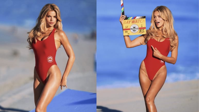Brooks Nader Gives Major Pamela Anderson Vibes In Signature Baywatch Red Bathing Suit