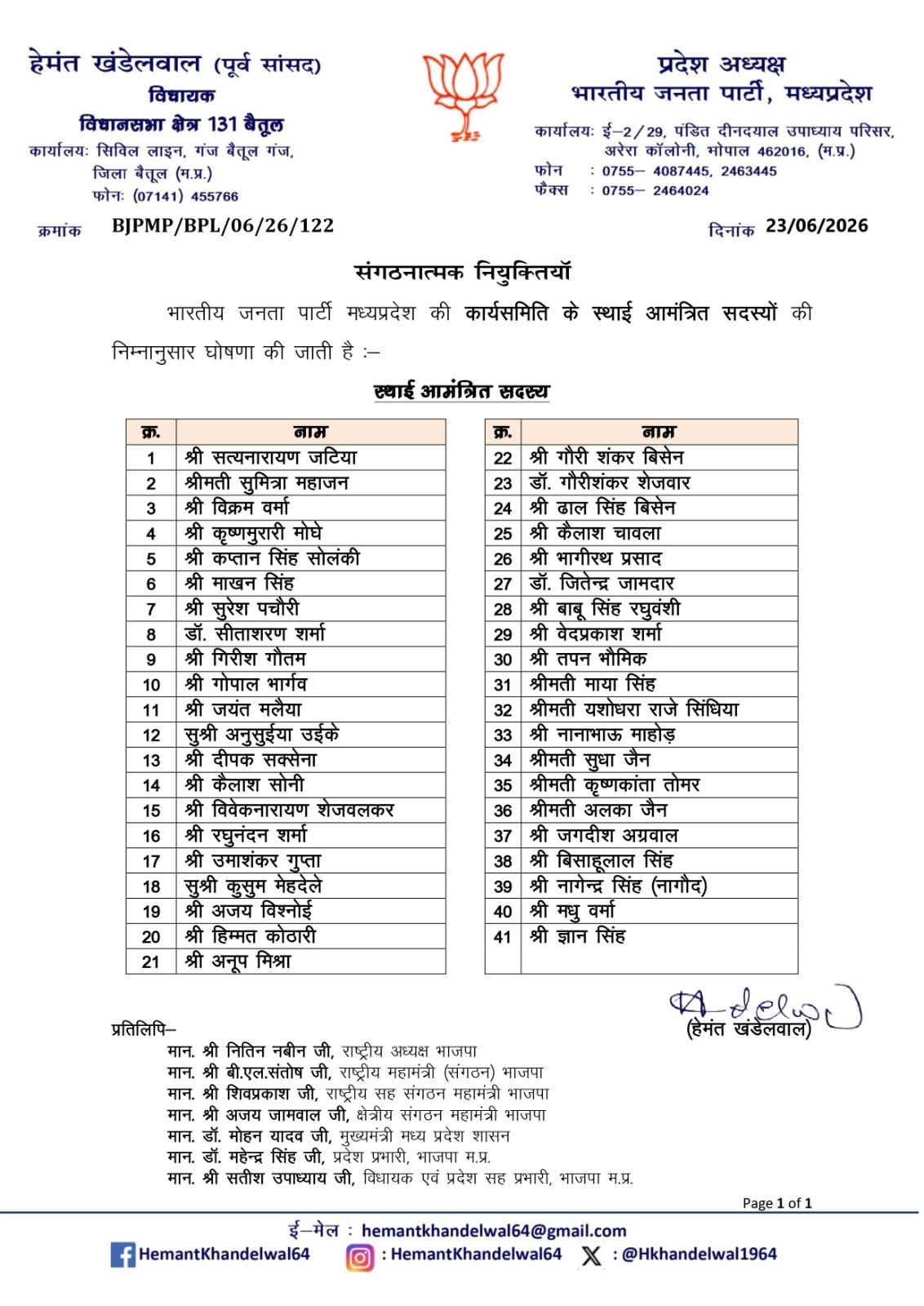MP BJP Executive Committee List: MP BJP Executive Committee List: