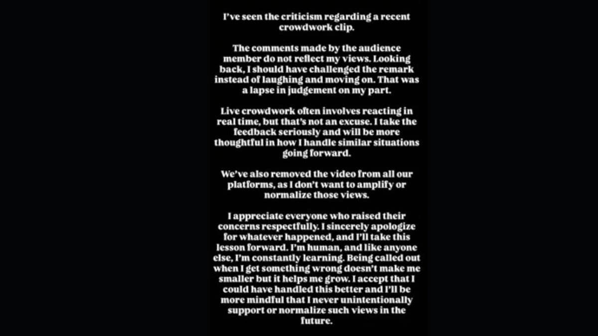 Pranit Mores apology after the crowdwork clip went viral on social media. Photo: Pranit More/ Instagram Pranit Mores apology after the crowdwork clip went viral on social media. Photo: Pranit More/ Instagram
