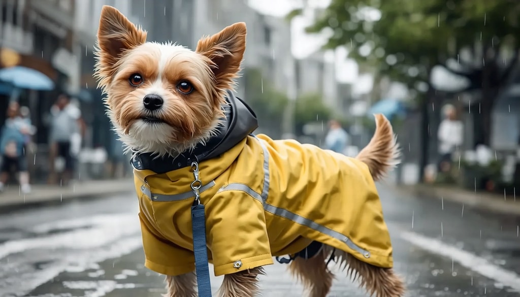 Keep your pet dry with comfortable rain gear designed for easy wearing and full coverage. Keep your pet dry with comfortable rain gear designed for easy wearing and full coverage.