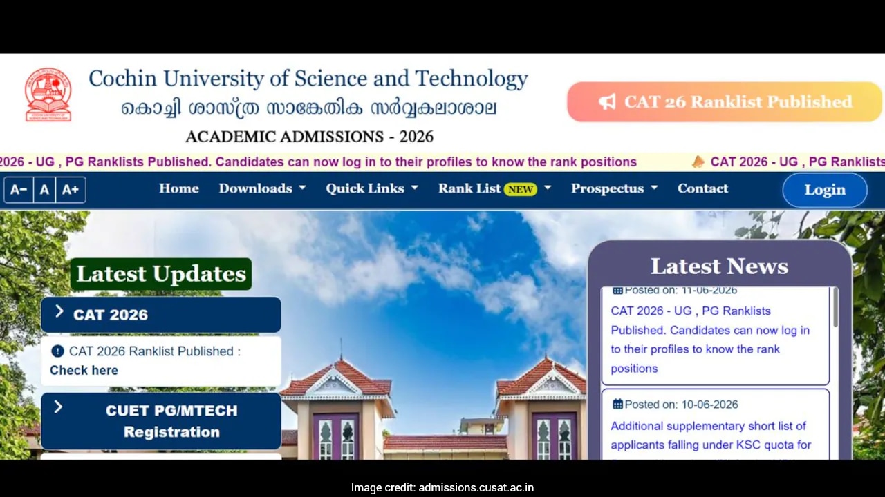 CUSAT CAT 2026: Result Out, Check Steps, Direct Link To Download Rank List