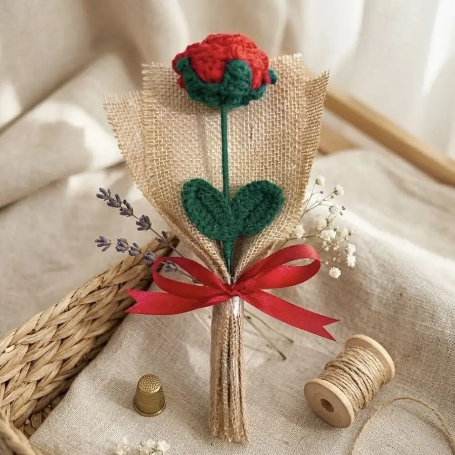 Click here to buy: Brovion Art Crochet Rose Bouquet in Burlap Wrap – Artificial Flowers Table Decor Click here to buy: Brovion Art Crochet Rose Bouquet in Burlap Wrap – Artificial Flowers Table Decor