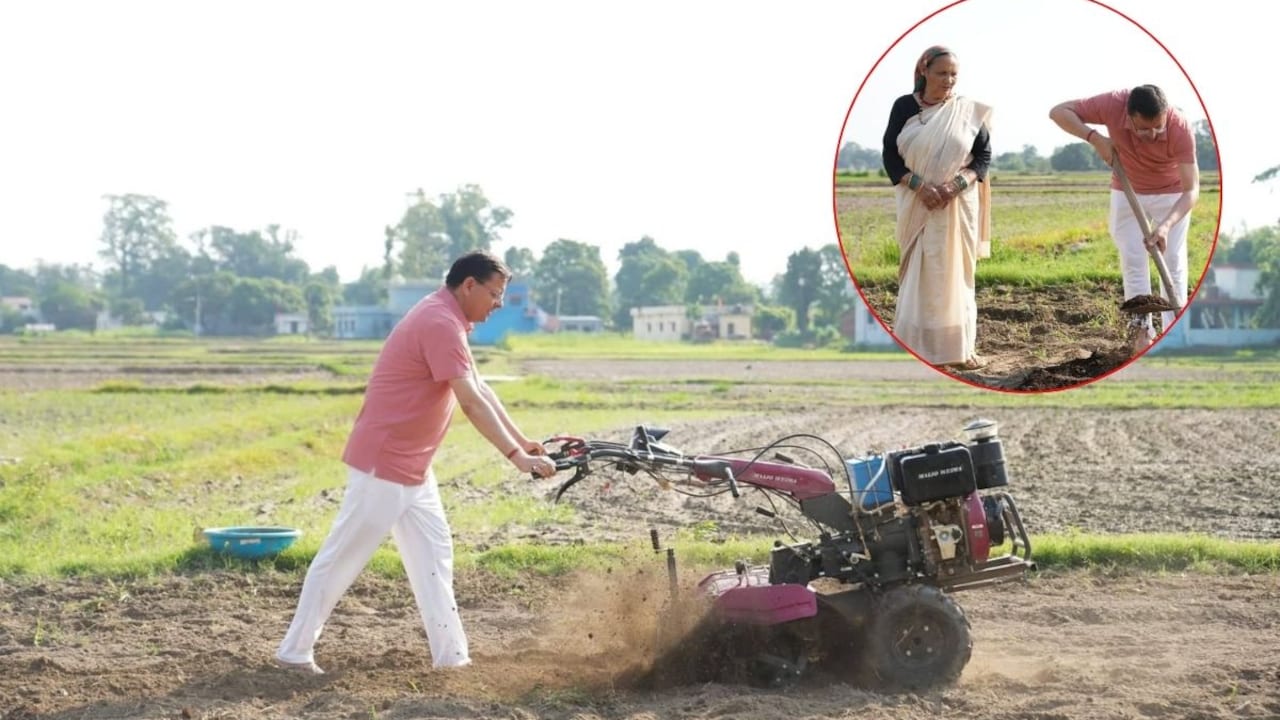 उत्तराखंड सीएम धामी ने खटीमा में मां के साथ खेत में किया काम, जुताई कर फेंकी खाद, Video 