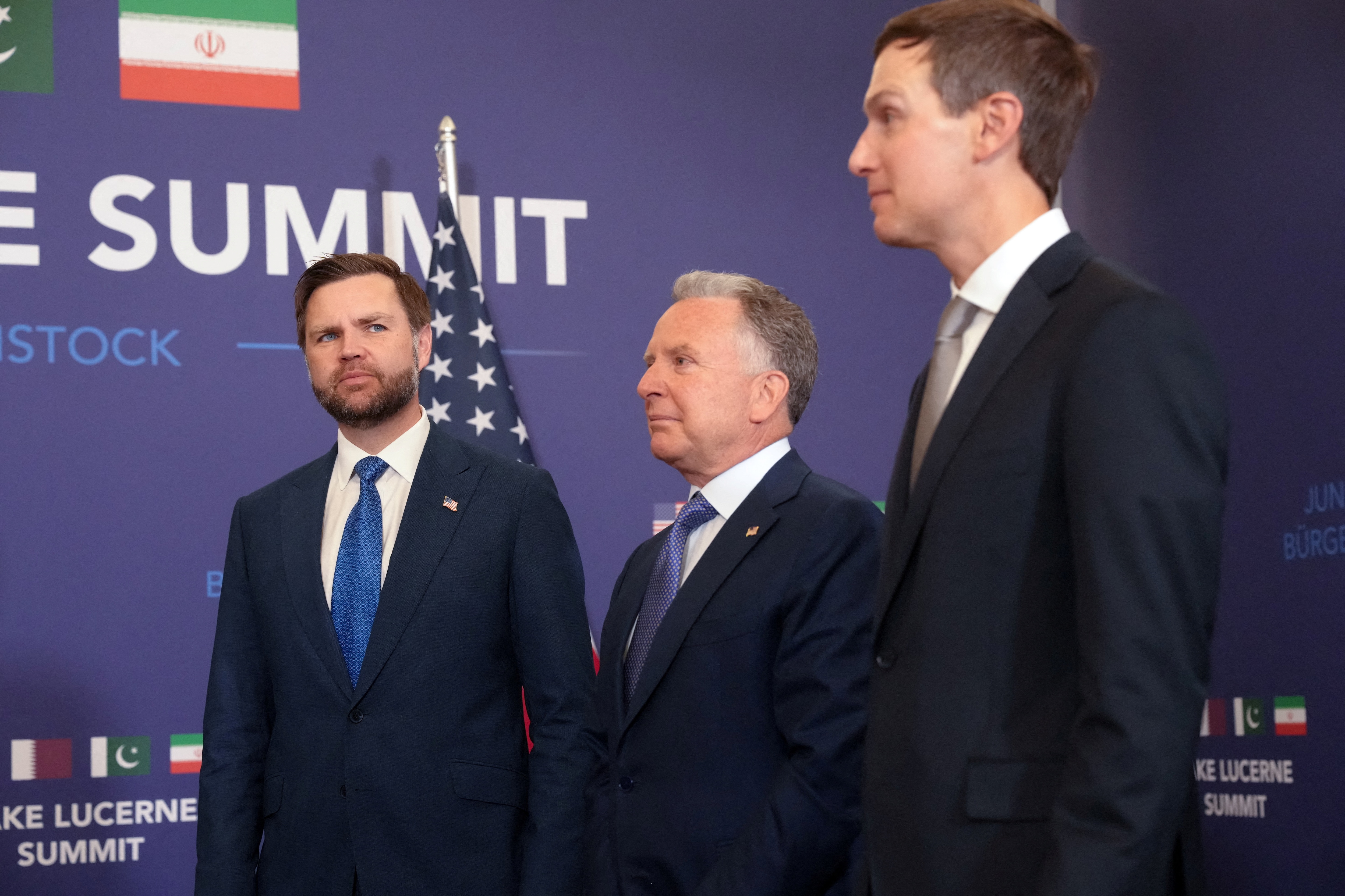 US Vice President JD Vance (L) waits, alongside US President Donald Trumps special envoy Steve Witkoff (C) and Trumps son-in-law Jared Kushner.