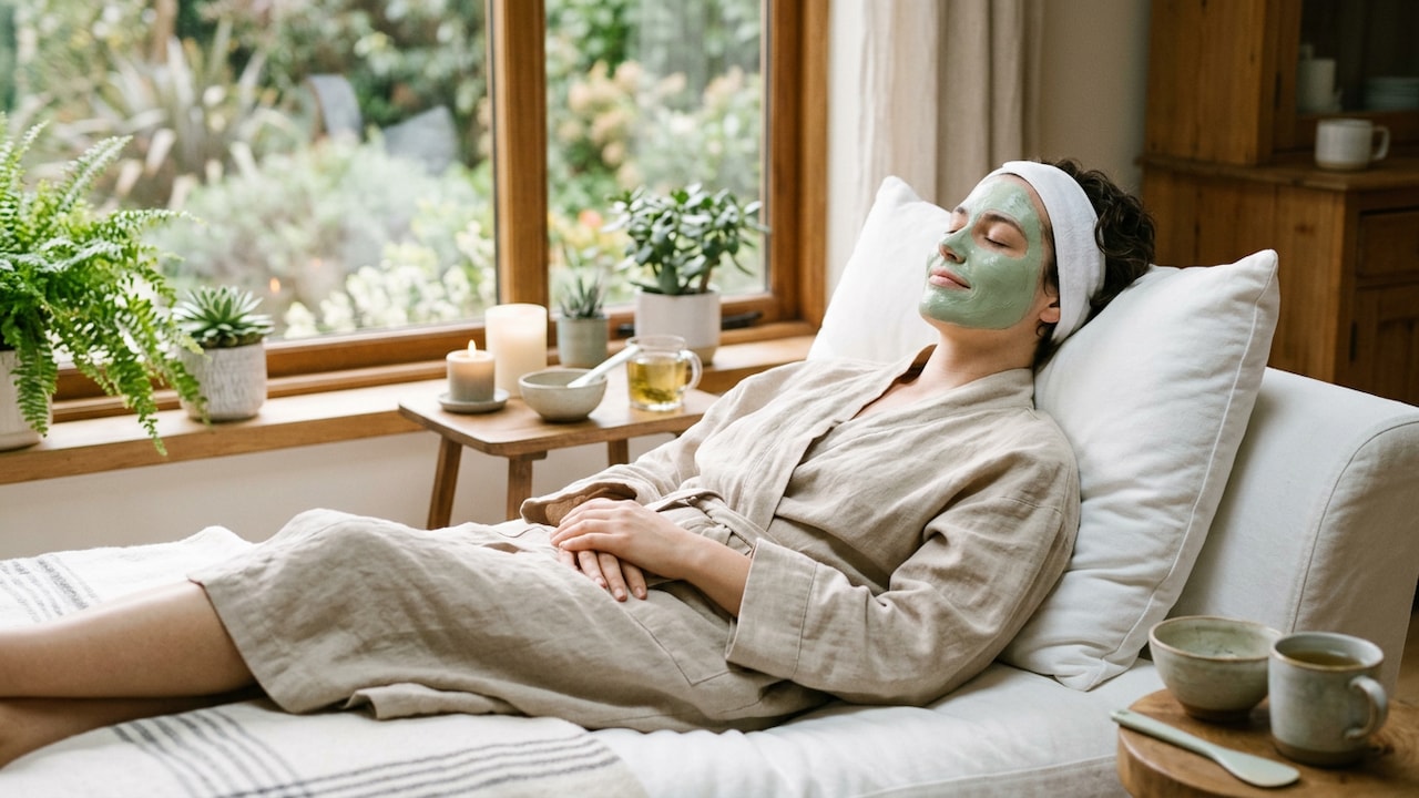 A person enjoying a relaxing skincare routine with a hydrating face mask A person enjoying a relaxing skincare routine with a hydrating face mask