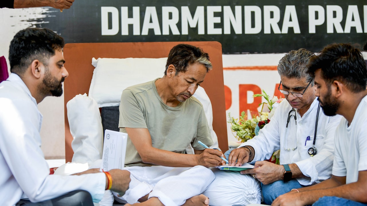 Sonam Wangchuk being attended by medical professionals on the 18th day of his indefinite hunger strike during the Cockroach Janata Partys (CJP) protest on July 15. CJP founder Abhijeet Dipke also seen on extreme right Sonam Wangchuk being attended by medical professionals on the 18th day of his indefinite hunger strike during the Cockroach Janata Partys (CJP) protest on July 15. CJP founder Abhijeet Dipke also seen on extreme right