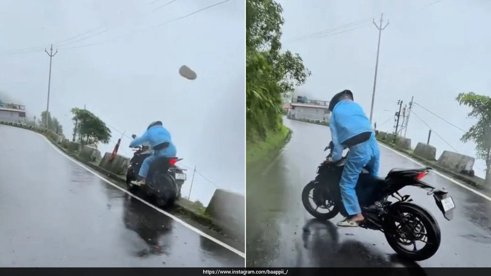 Biker Narrowly Escapes Death on Rain-Soaked Hill Road