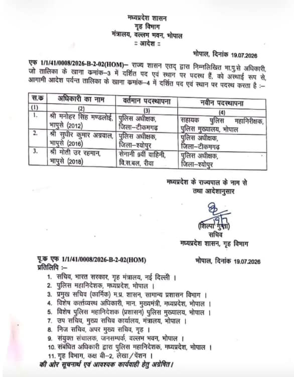 MP ips transfer: मप्र सरकार ने हाल ही में तीन आईपीएस अधिकारियों के तबादले किए थे. MP ips transfer: मप्र सरकार ने हाल ही में तीन आईपीएस अधिकारियों के तबादले किए थे.