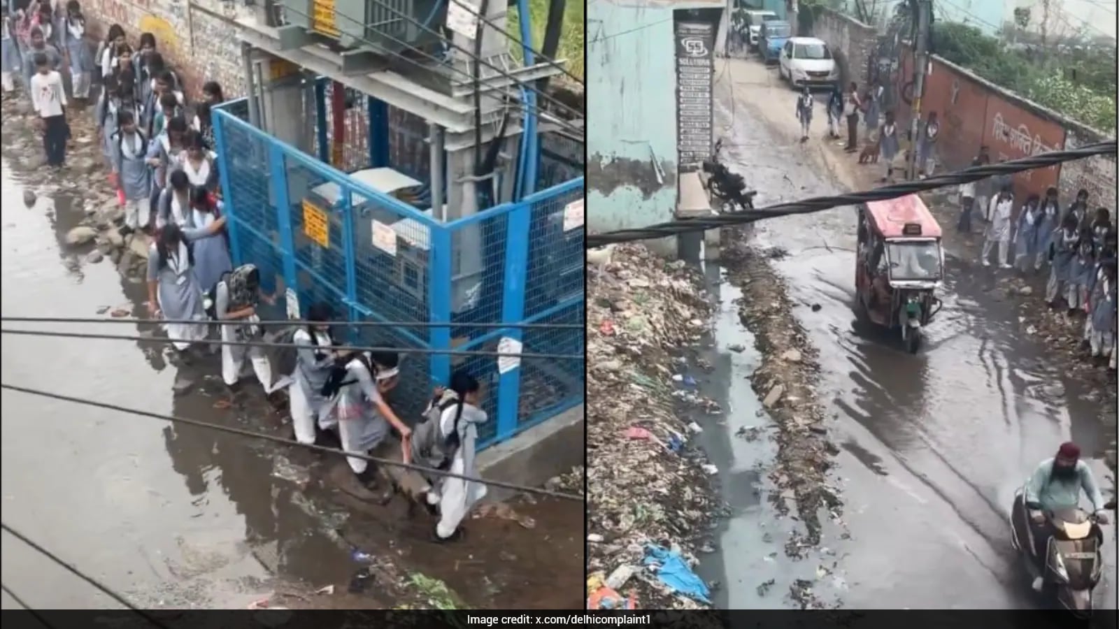 Schoolgirls Navigate Waterlogged Delhi Road Holding Transformer Fence Amid Safety Concerns