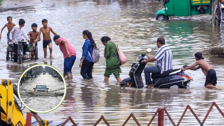 कानपुर से मथुरा तक... बरसात से सड़कें लबालब, पानी में तैरते दिखीं गाड़ियां; वीआईपी रोड धंसी-PHOTO