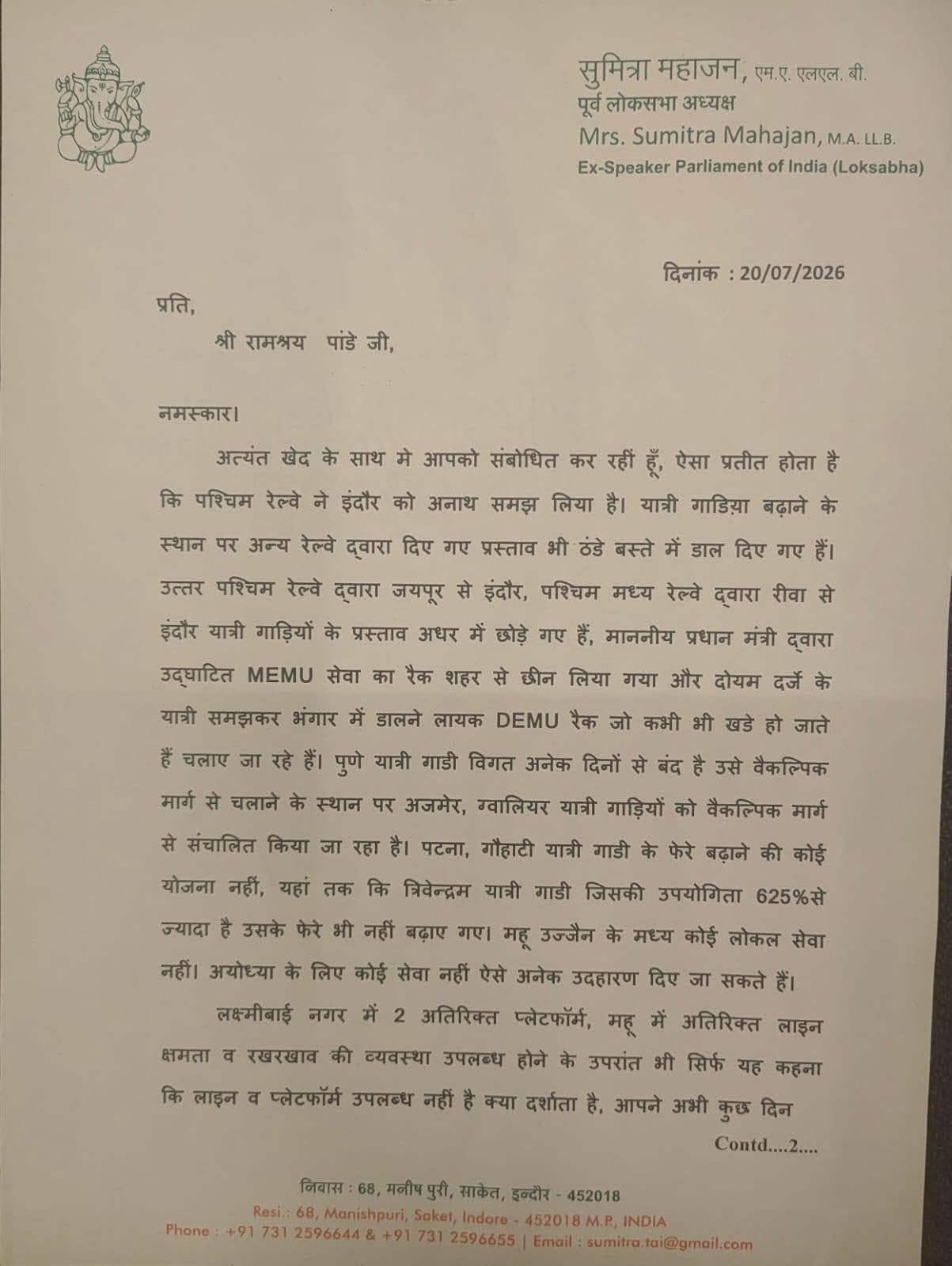 Sumitra mahajan letter to railway board indore rail services 