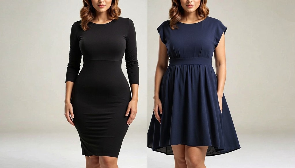 Pear-shaped body styling guide comparing structural A-line dresses and curve-hugging bodycon fits. Pear-shaped body styling guide comparing structural A-line dresses and curve-hugging bodycon fits.
