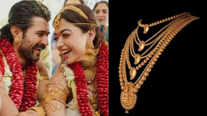 सोने का रानी हार और खूबसूरत पीकॉक झुमके, ऐसी थी रश्मिका मंदाना की शाही वेडिंग ज्वेलरी