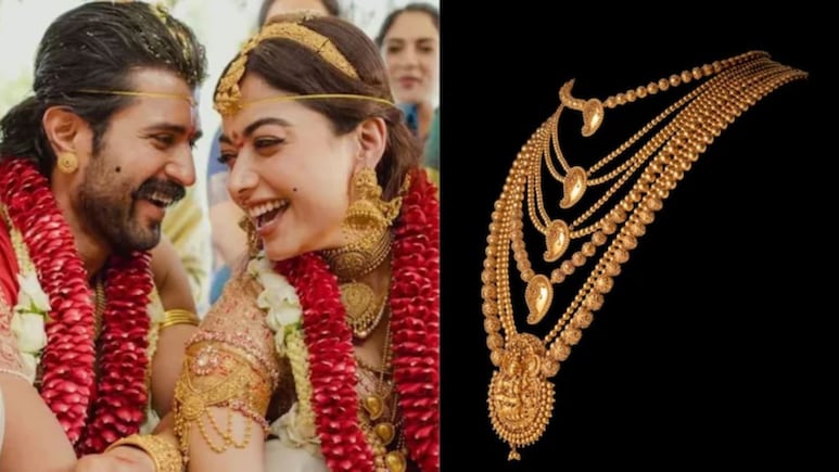 सोने का रानी हार और खूबसूरत पीकॉक झुमके, ऐसी थी रश्मिका मंदाना की शाही वेडिंग ज्वेलरी