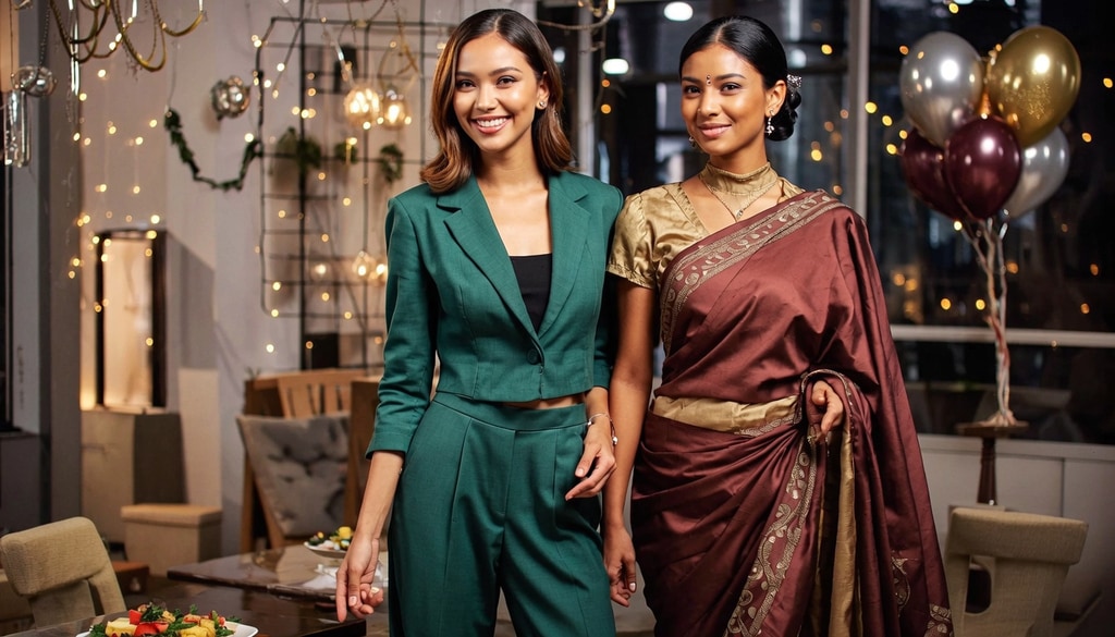 Co-ord sets offer modern comfort, while sarees bring traditional elegance to daytime office parties.