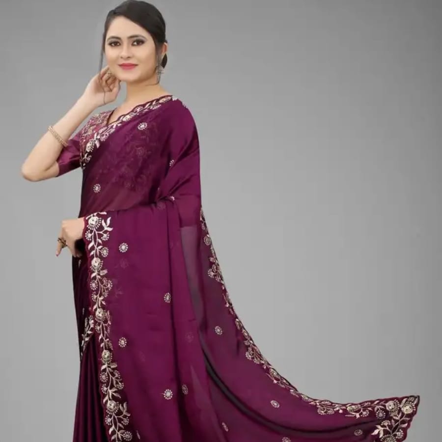 Click here to buy: PUNYATHA CREATION Embroidered Bollywood Satin Saree With Unstitched Blouse (Purple) Click here to buy: PUNYATHA CREATION Embroidered Bollywood Satin Saree With Unstitched Blouse (Purple)
