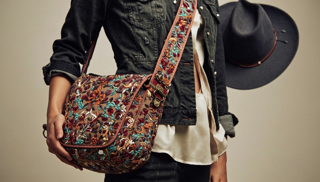 A stylish embroidered sling bag adds instant interest and personality to simple everyday Western outfits. A stylish embroidered sling bag adds instant interest and personality to simple everyday Western outfits.
