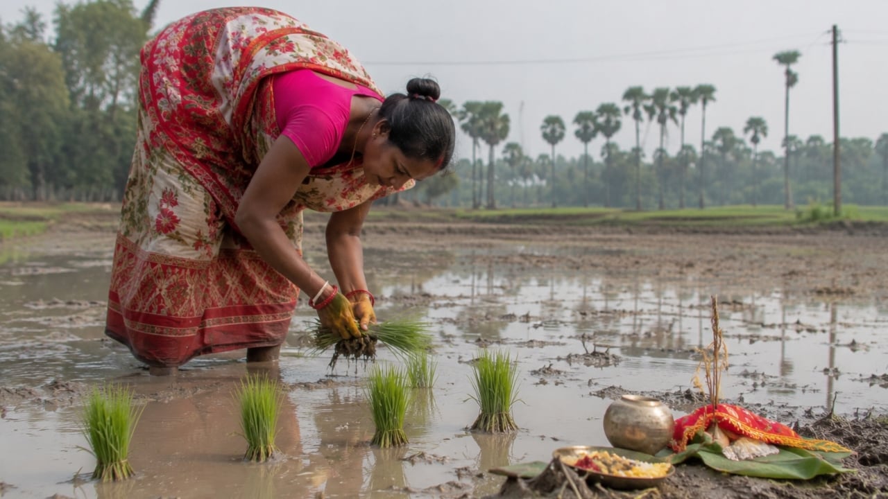 खेत में धान के पौधों की रोपाई से पहले किसान पूजा पाठ भी करते हैं. खेत में धान के पौधों की रोपाई से पहले किसान पूजा पाठ भी करते हैं.