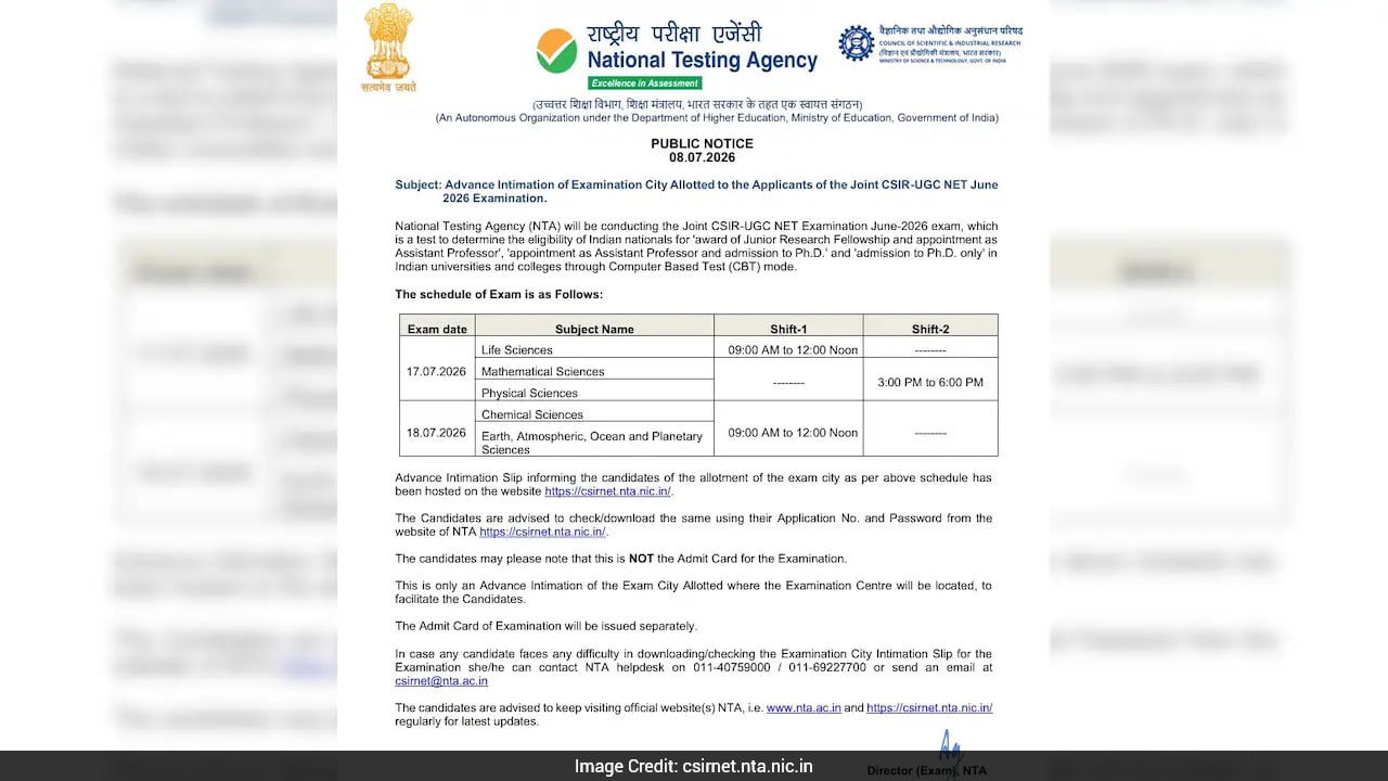 CSIR UGC NET June 2026 City Intimation Slip Out