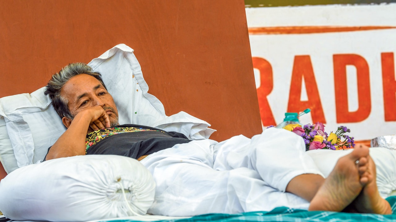 New Delhi, Jul 17 (ANI): Environmentalist Sonam Wangchuk on the 20th day of his indefinite hunger strike as part of the Cockroach Janata Partys (CJP) protest, demanding the Union Education Minister Dharmendra Pradhans resignation over alleged examination irregularities and NEET paper leak, at Jantar Mantar in New Delhi on Friday. (ANI Photo/Amit) New Delhi, Jul 17 (ANI): Environmentalist Sonam Wangchuk on the 20th day of his indefinite hunger strike as part of the Cockroach Janata Partys (CJP) protest, demanding the Union Education Minister Dharmendra Pradhans resignation over alleged examination irregularities and NEET paper leak, at Jantar Mantar in New Delhi on Friday. (ANI Photo/Amit)