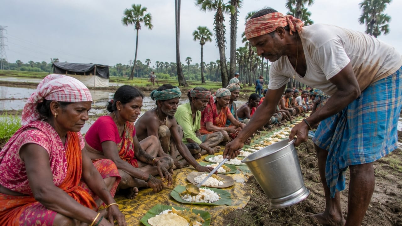 धान की रोपनी पूरी होने के बाद खेत का मालिक मजदूरों को खेत पर भोजन भी करवाता है. धान की रोपनी पूरी होने के बाद खेत का मालिक मजदूरों को खेत पर भोजन भी करवाता है.
