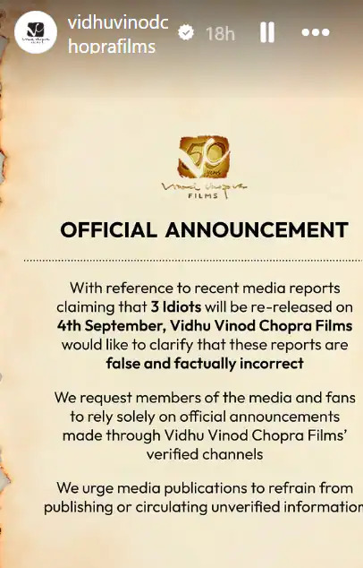 Vidhu Vinod Chopras announcement