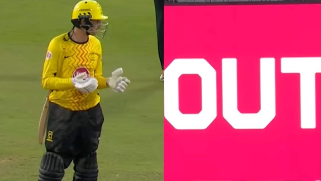 Mitchell Santner asks for third-umpire check and is dismissed