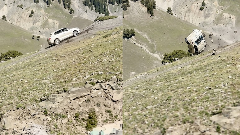 On Camera, Car Slips, Tumbles Down A Deep Gorge In J&K's Razdan Pass