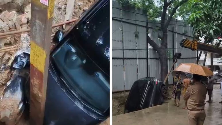 Ghaziabad Road Caves In Amid Heavy Rain, SUV, Scooter Fall Into Pit