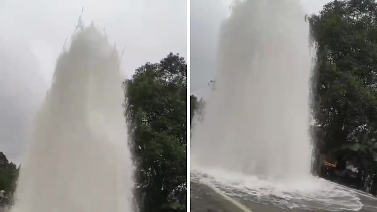 25 Feet Tall Fountain On Highway? No, It's A Broken Pipeline Near Mumbai