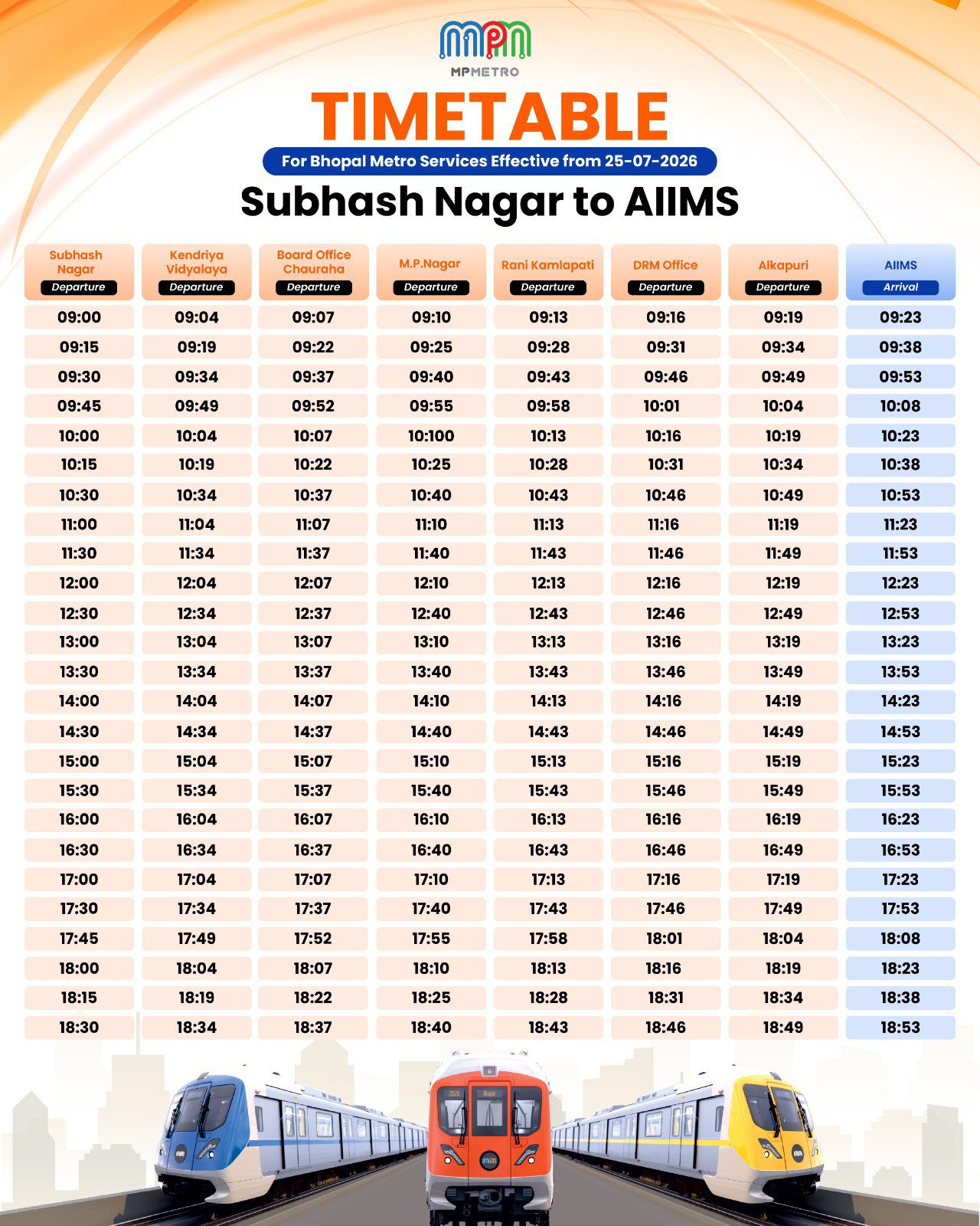 bhopal metro new timetable subhash nagar to aiims bhopal metro new timetable subhash nagar to aiims