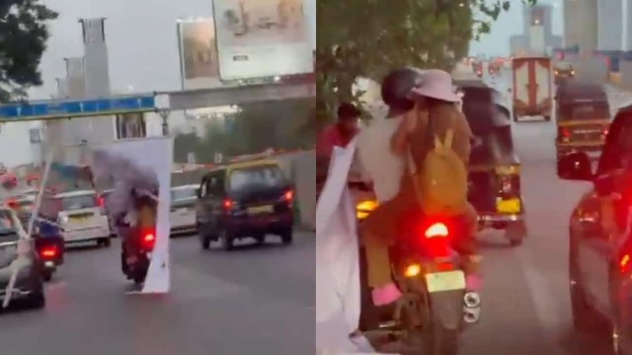 On Camera, Giant Banner Falls On Moving Bike In Thane, Couple Has Narrow Escape