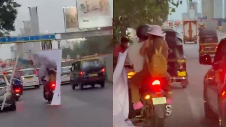 On Camera, Giant Banner Falls On Moving Bike In Thane, Couple Has Narrow Escape