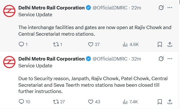 स्टेशन बंद किए जाने को लेकर दिल्ली मेट्रो द्वारा किया गया एक्स पोस्ट. स्टेशन बंद किए जाने को लेकर दिल्ली मेट्रो द्वारा किया गया एक्स पोस्ट.