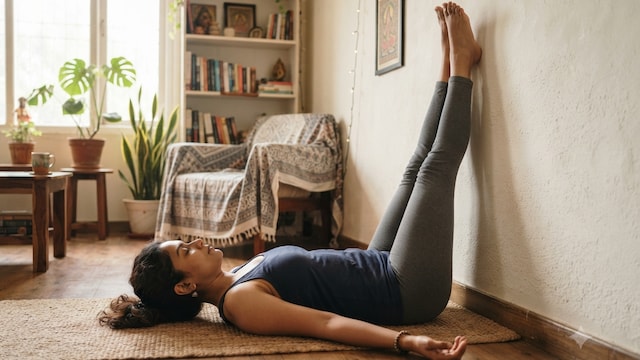 Legs-Up-The-Wall pose can calm your nerves and reduce feet swelling