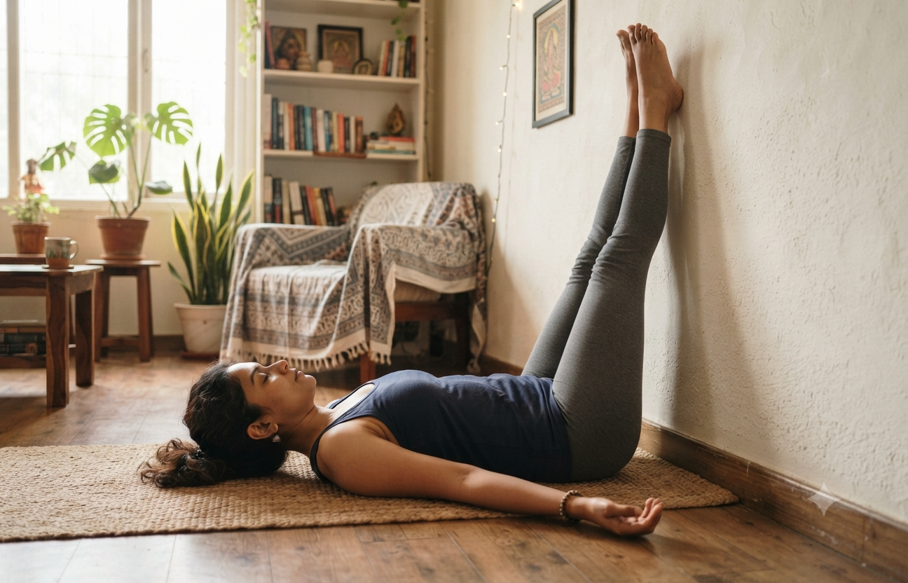 Legs-Up-The-Wall pose can calm your nerves and reduce feet swelling
