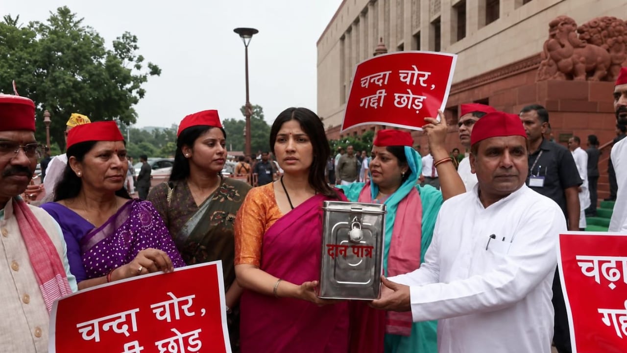 हाथ में दान पात्र लेकर संसद क्यों पहुंच गईं डिंपल यादव, यहां देखें वायरल VIDEO