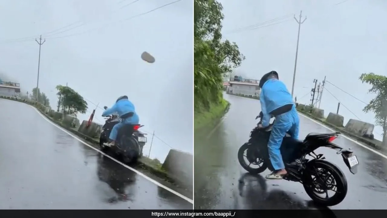 Video: Biker Narrowly Escapes Death After Losing Control On Rain-Soaked Hill Road In West Bengal