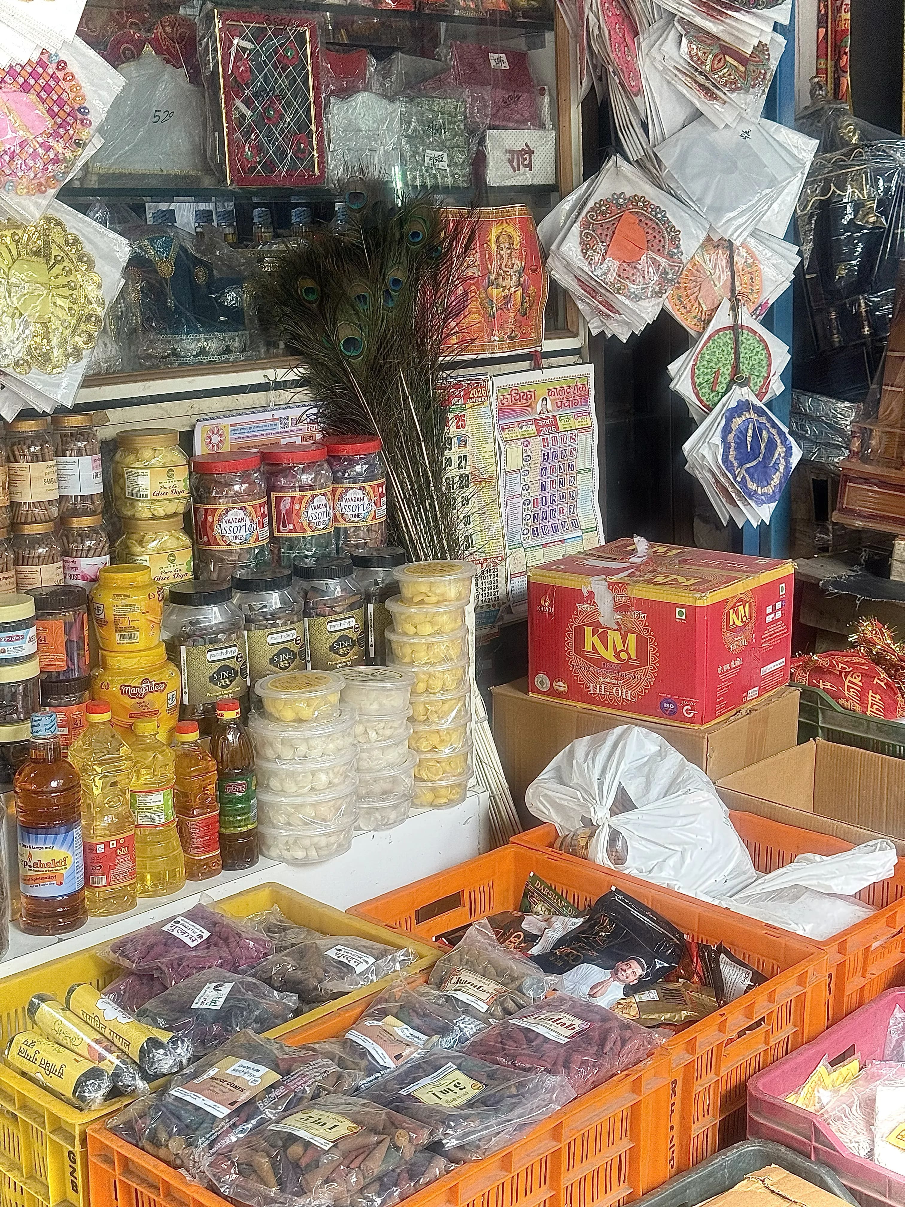 A shop sells essentials for Sawan rituals, in New Delhi. A shop sells essentials for Sawan rituals, in New Delhi.