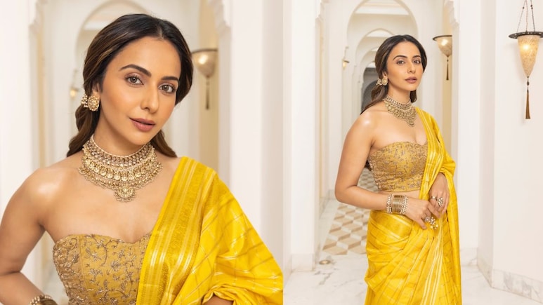 Rakul Preet Singh Looks Radiant In Yellow Saree, Kundan Jewellery At <i>Ramayana</i> Delhi Event